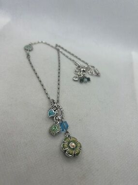 Brighton Silver-tone Floral Charm Necklace with Green Enamel and Blue Accents